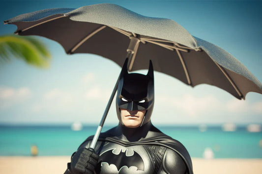 Batman holding an umbrella on a beach.